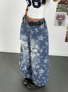 StreetHx Pantalones harem de mezclilla con bolsillos, de talle bajo y rotos, estilo punk callejero para mujeres - Azul lavado medio - Ver 4