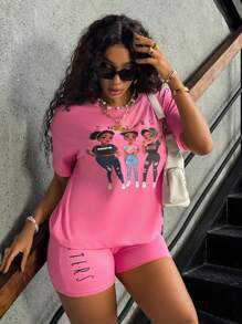 SHEIN Bộ áo thun ngắn tay cổ tròn và quần short in hình nhân vật mùa hè dành cho nữ mùa hè - Màu Hồng Tươi - Xem 5