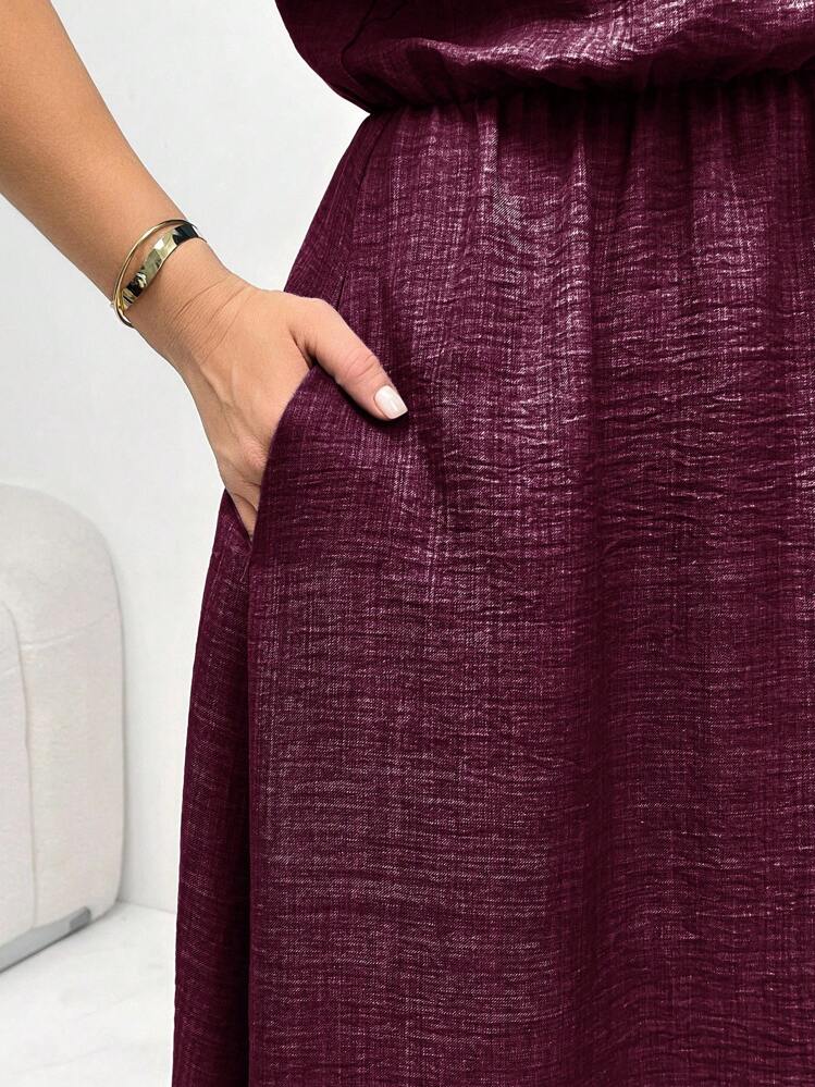 SHEIN Essnce Vestido de verano de talla grande para mujer, de estilo casual, suelto y cómodo para uso diario, versátil, de corte ceñido, cuello en V, manga corta, cintura azul, largo medio con bolsillos, estilo europeo de verano, atuendo para maestras, vestido de sol, estilo sencillo - Burdeos - Añade 7