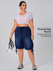 Flexra 大码夏季休闲水洗抽绳腰牛仔裤 - 藍色 - 查看 3