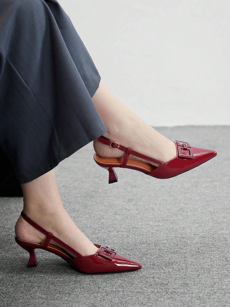 CUCCOO BIZCHIC Tacones de aguja de punta fina para mujer, tacón medio cómodo y elegante para ir al trabajo, zapatos de tacón alto de color burdeos/granate de cuero patentado que combinan con todo