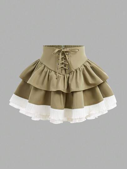 SHEIN Girlism 青少年女孩编织色块交叉肩带分层蛋糕压制蕾丝花边短裙，返校，休闲百搭