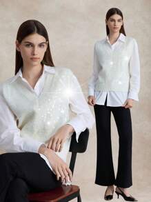 Briarwyn 女式闪光针织上衣，夏季时尚，秋季女装，返校服装，复古服装，女士办公室服装，全白闪光亮片 - 米色 - 查看 9