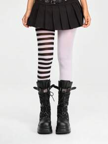 ROMWE Grunge Punk 1 Pair Goth Rock AB Striped And Solid Color Pantyhose, Halloween - Black and White - View 2