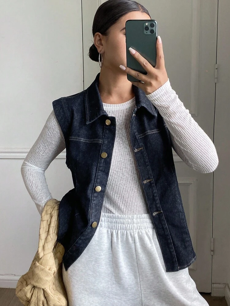Women's Lapel Sleeveless Denim Vest, Casual City Style Denim Top