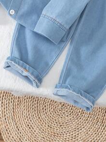 SHEIN 2 件幼儿男童韩版牛仔领长袖衬衫 + 时尚休闲牛仔裤套装，春秋 - 藍色 - 查看 7