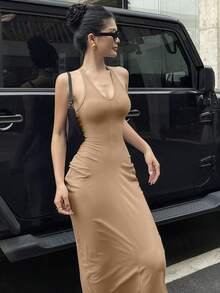 DAZY Women's V-Neck Bodycon Wrap Long Dress - Khaki - View 3