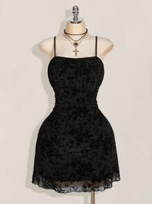 SHEIN ICON Váy xếp ly hoa cổ điển cỡ lớn dành cho nữ, phù hợp cho mùa thu, kỳ nghỉ, tốt nghiệp, trở lại trường, váy xếp ly cổ điển Y2K, trang phục Halloween - màu đen - Xem 3