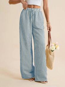 SHEIN Tall 女休闲条纹宽松阔腿抽绳裤蓝色直筒裤女阔腿裤条纹阔腿裤夏季阔腿裤女条纹裤女夏季裤女夏季裤蓝白条纹裤夏季条纹裤女阔腿裤
