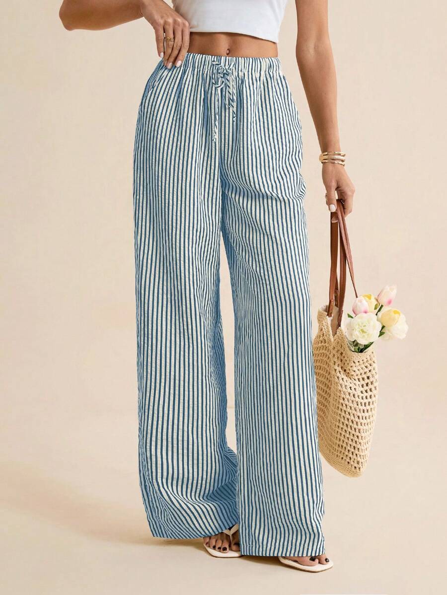 SHEIN Tall 女休闲条纹宽松阔腿抽绳裤蓝色直筒裤女阔腿裤条纹阔腿裤夏季阔腿裤女条纹裤女夏季裤女夏季裤蓝白条纹裤夏季条纹裤女阔腿裤