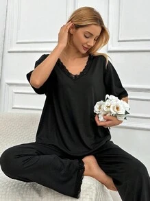 EURMUSE Cotton 2pcs/Set Women's Lace Detail Homewear Pajama Set - Black - View 5