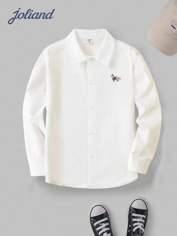 Joliand 1 pieza Camisa blanca elegante y versátil con cuello para niños preadolescentes, estilo escolar casual urbano con decoración de perro lindo, adecuada para salidas, reuniones, regreso a la escuela, otoño/invierno
