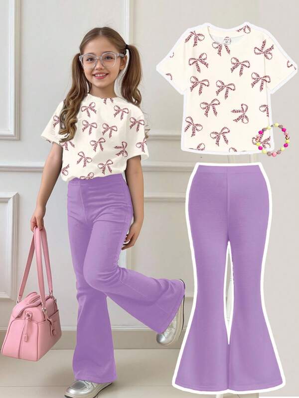 SHEIN Tween Girls Casual Minimalist Short Sleeve Top And Pants 2 Pieces Outfit, Suitable For Summer