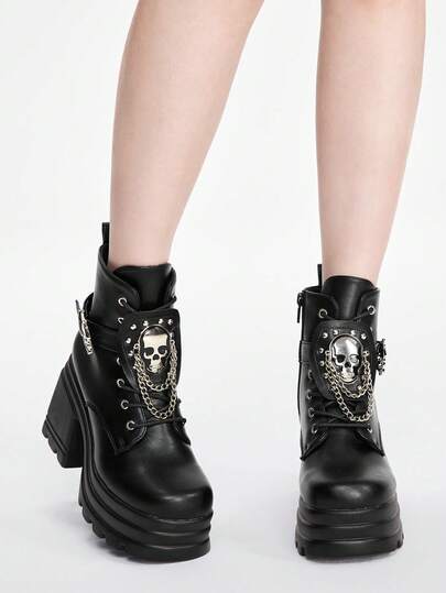 Grunge Punk Women's Metal Eyelets Skull Head Rivet Strap Round Toe Platform Thick Sole Metal Punk Black Ankle Boots, Casual Punk Street Style
