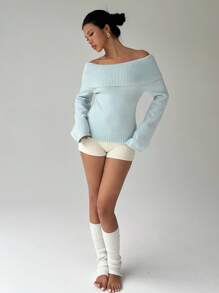 FavEase 秋冬纯色圆领露肩毛衣针织衫