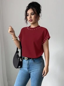 Elenzga Camiseta Feminina de Gola Redonda e Manga Curta Preta com Pérolas Bubble - Vinho - Visão 4