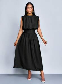 SOLERSUN Women's Spring Summer Solid Color Simple Daily Wear Ruched Sleeveless Midi Dress Elevated Elegance - Black - View 6