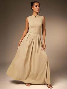 Hauture Vestido maxi de salida con cremallera frontal, sexy, de tela elástica y plisada para mujer - Caqui - Ver 3