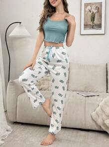 SHEIN Women Solid Color Camisole & Printed Pants Pajama Set - Blue - View 3