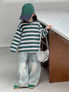 DAZY 女童条纹休闲长袖T恤，春秋季 - 綠色 - 查看 4