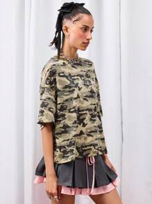 COUREZ Short Sleeve Boxy Camo T-Shirt / Fall Women Clothes Y2K Casual Graphic Tees