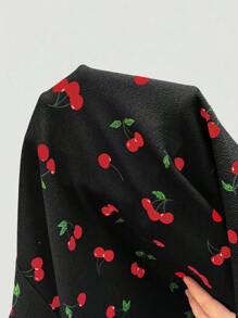 Solflare Plus Size Women Cherry Print V-Neck Short Sleeve Casual Dress, Suitable For Daily Wear, Spring/Summer