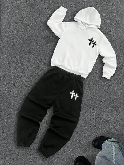 SHEIN Bolty Tween Boy Autumn New Arrival, Casual Minimalist, Style, Graffiti Handpainted, Retro, English Letter, Sporty, Streetwear Long Sleeve Hoodie Sweatshirt And Flare Pants 2 Pieces Set, Suitable For Autumn/Winter Fall