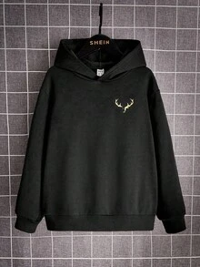 SHEIN 青少年男童鹿角印花长袖保暖休闲卫衣，秋冬季，尺码：卫衣，黑色卫衣，冬季，秋季，黑色上衣，秋季上衣 - 黑色 - 查看 3