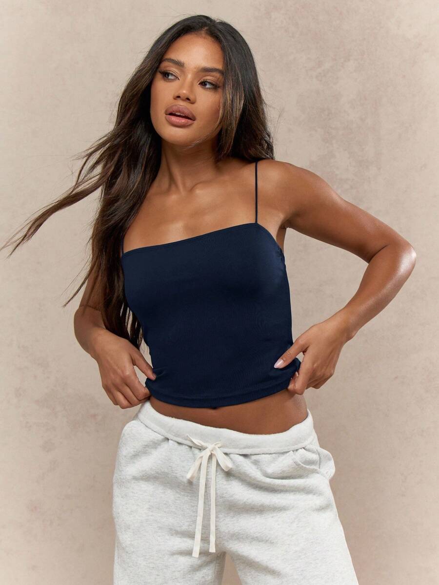 MISSGUIDED 女士修身抹胸短款上衣细肩带无缝夏季基本款露肩休闲俱乐部派对弹力背心时尚夜间外出必备 - 藏蓝色 - 查看 1