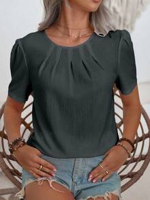 SHEIN LUNE 夏季休闲纯色泡泡袖衬衫 - 灰色 - 查看 6