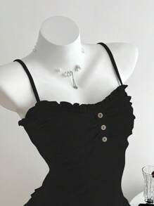 Elamini 女士休闲吊带背心，饰有荷叶边和前褶 - 黑色 - 查看 5