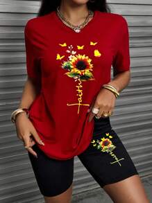 INAWLY Women's Sunflower Printed Short Sleeve T-Shirt And Cycling Shorts Set - Burgundy - View 3