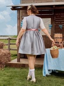SHEIN Frenchy Plus Size Women Tie-Up Design Applique Mesh Hem Sleeveless Elegant Dirndl, German, Oktoberfest, Traditional Dress,Fall Clothes For Women - Multicolor - View 2