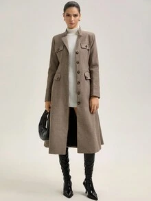 Aveloria Elegancki, rozkloszowany płaszcz z francuskim pasem i guzikami w kształcie rogu, długi, damski - Kolor khaki - Zobacz 1