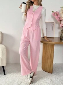 SHEIN LUNE Women's Casual Solid Color Basic Outfit Suit, Blazer Vest And Pants 2 Pieces Set - Pink - View 4