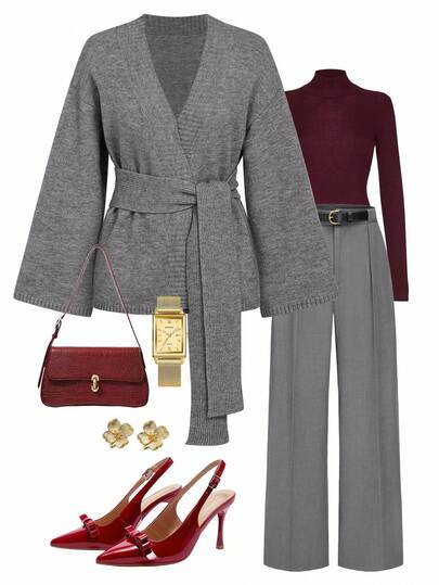 Ellevyn Women's Solid Color Long Sleeve Tie-Waist Knitted Cardigan In Fall/Winter,Winter Clothes For Women