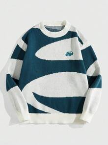 ROMWE MEN Prep 男士圆领不对称拼色提花针织毛衣，街头时尚，秋冬 - 綠色 - 查看 1