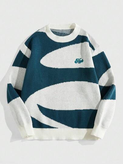 Street Life Jersey de punto con cuello redondo, bloque de color asimétrico y jacquard para hombre, moda callejera, otoño e invierno