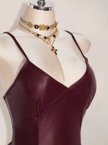 SHEIN ICON Plus Size Y2K Women's Burgundy PU Leather Sexy V-Neck Mini Dress,Wedding Guest Dress Women
