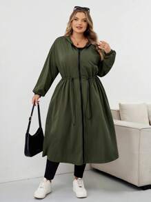 SHEIN CURVE+ 女式纯色抽绳连帽防水长袖风衣加大码连帽夹克加大码雨衣 Curve 秋季夹克 8xl 女装加大码橄榄绿夹克女装秋装、冬季、CURVE PLUS 秋冬 - 軍綠色 - 查看 3