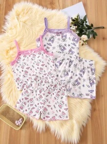 Back To School Fashion 4pcs/Set Young Girl Knitted Camisole & Shorts Set, Cute Rabbit & Kitten Pattern, Purple & Rose Red, Spring/Summer - Multicolor - View 7