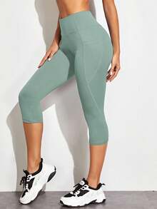Powerista Quần legging thể thao đơn giản, thời trang, màu trơn, quần tập yoga mặc hàng ngày cho nữ - màu xanh lá - Xem 6