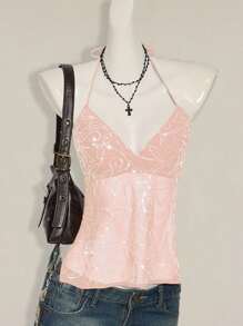 SHEIN ICON 女士 Y2K 性感花朵蕾丝露背吊带背心 - 粉色 - 查看 4