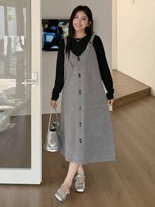 Dazy Plus Plus Size Women Button Decor Suspender Long Sweater Dress, Casual Solid Color, Autumn/Winter