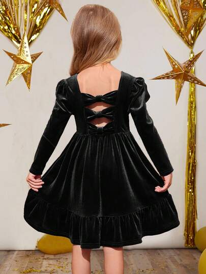 SHEIN Young Girl Cute Back 3D Bowknot Decoration Velvet Dress , Casual Simple Elegant Dress, Suitable For Autumn And Winter,For Christmas,Party Wear,Birthday Dress
