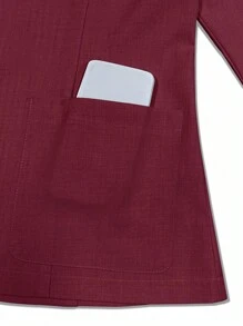 Franclia 女士秋冬条纹拼布长袖纽扣西装外套、休闲和办公室服装 - 酒紅色 - 查看 4