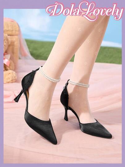 Dola Lovely Women's Black High Heel Lolita Style Cute & Elegant Pearl Chain Bow Pointed Toe Pumps, Suitable For Halloween And Christmas