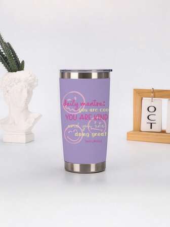 SmileyWorld® | SHEIN Slogan Graphic Stainless Steel Travel Tumbler - 304 Vacuum Insulated, Car Cup Holder Fit, Hot/Cold Drink Bottle For Outdoor