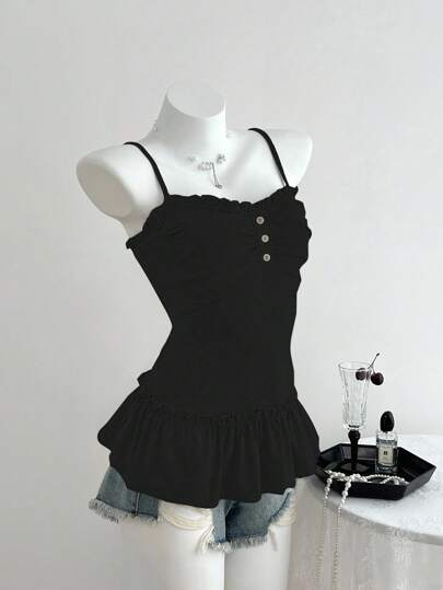 Elamini Women's Casual Camisole Top With Ruffle Trim And Front Pleats