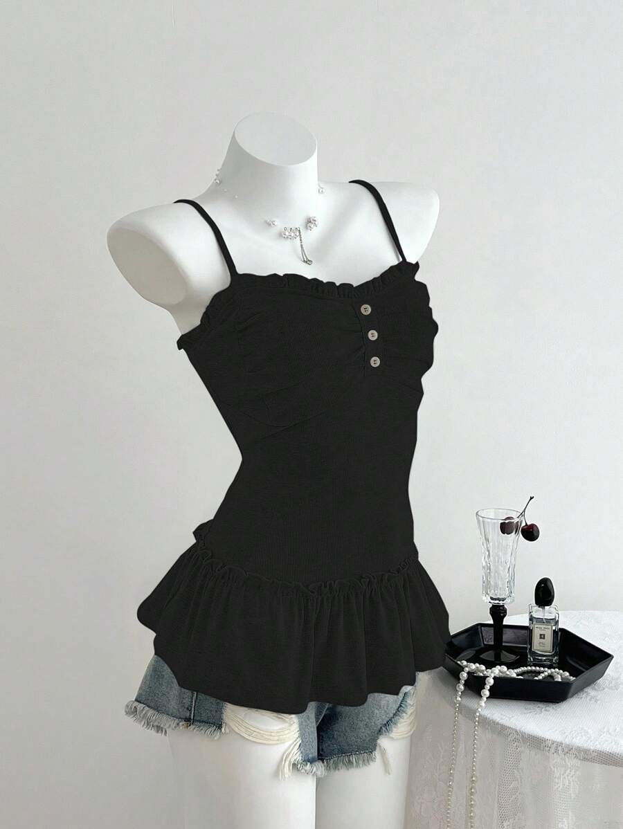 Elamini 女士休闲吊带背心，饰有荷叶边和前褶 - 黑色 - 查看 1